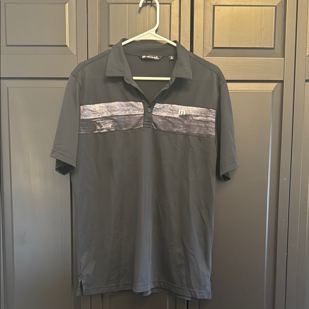 Travis Mathew Men's black w Gray/black striped Polo Shirt - Size Med EUC
